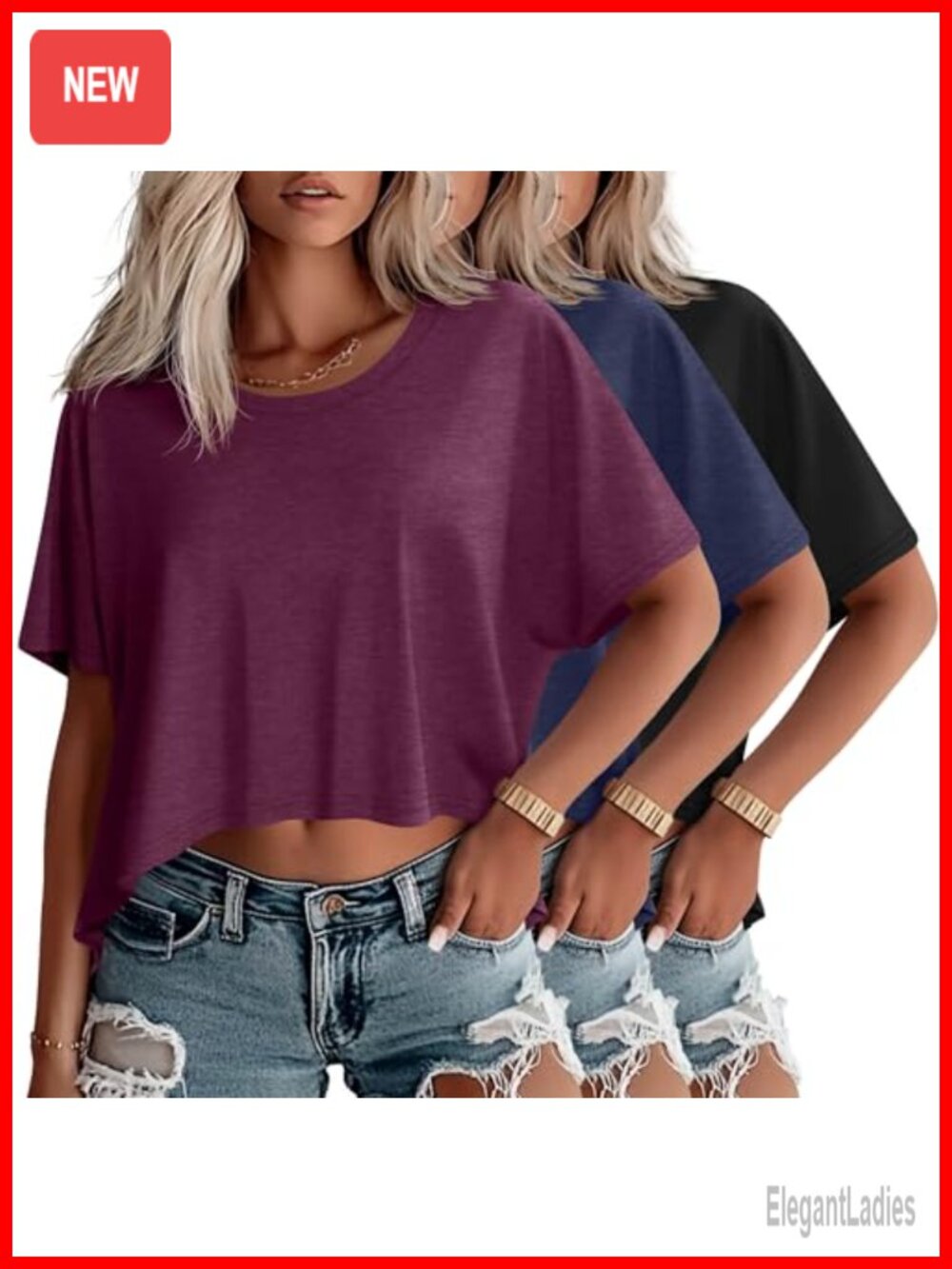 Oversized Cropped T Shirts 3 Pack Crew Neck Short Sleeve Womens Tees